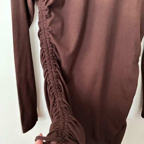 Streetwear Society Ruched Ribbed Stretchy Brown Mini Dress - Picture 3 of 4